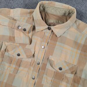 prAna Shacket Womens Medium Tan Blue Plaid Corduroy Snap Front Pockets Western